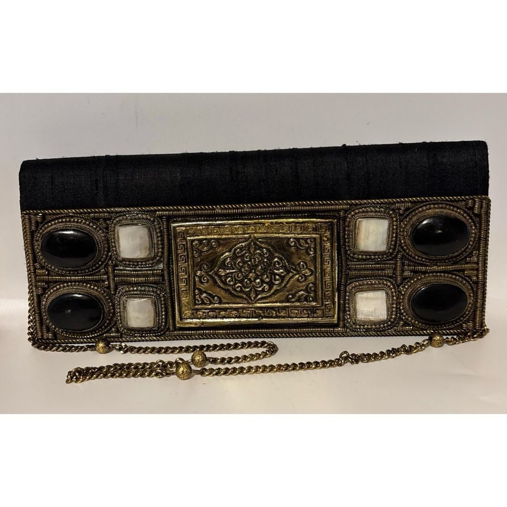 Vintage Meera Mahadevia Dupioni Silk Onyx/Mother of Pearls Handmade Shoulder Bag